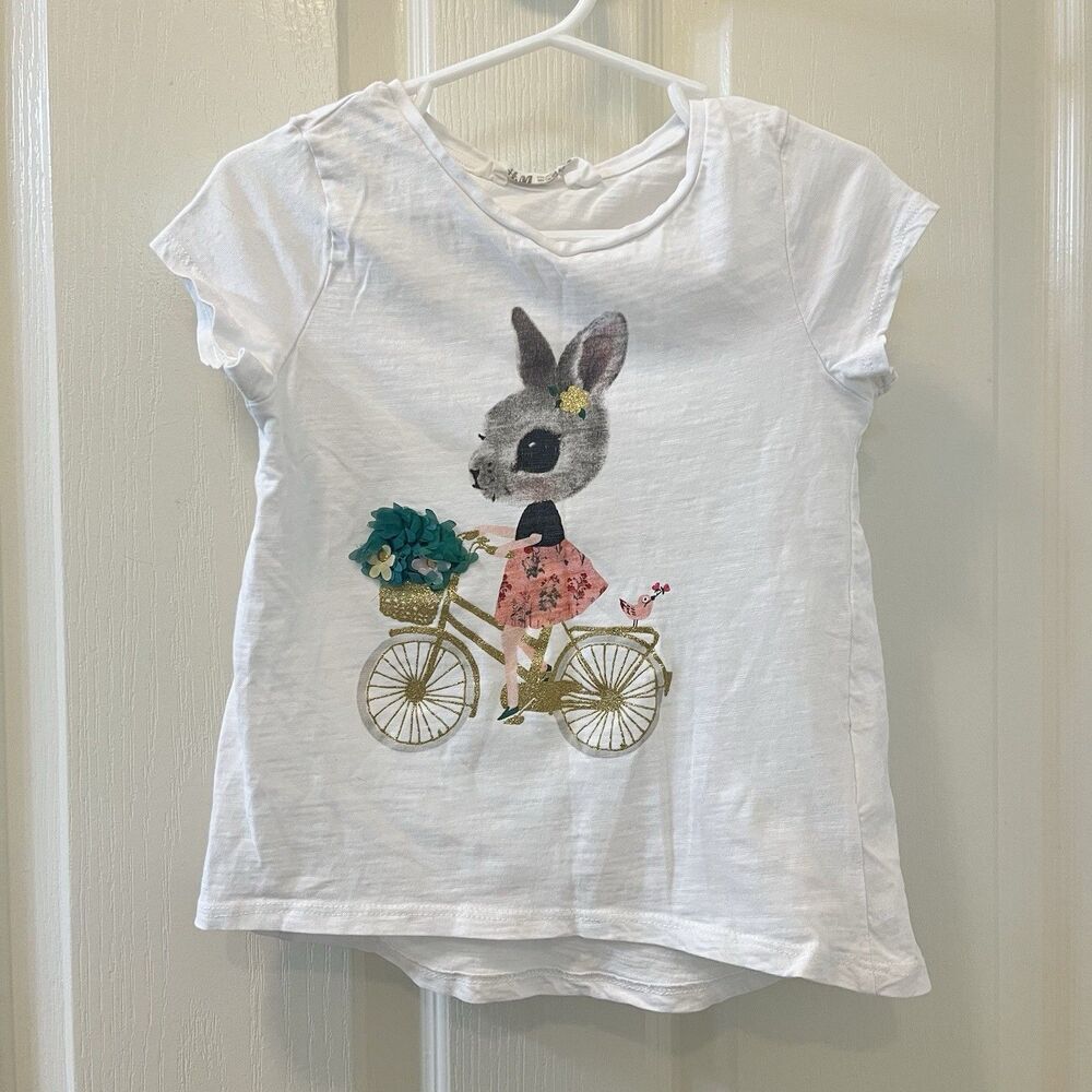 H&M Bunny Rabbit Riding Bike T-Shirt Top Glitter Girls Size 2-4 years